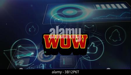 Image of wow text over icons and data processing Stock Photo