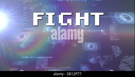 Image of fight text over scope scanning and data processing Stock Photo