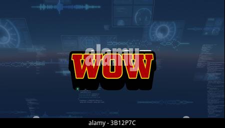 Image of wow text over scope scanning and data processing Stock Photo