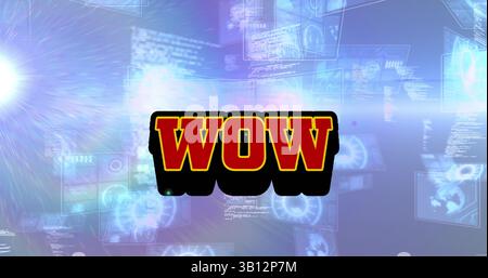 Image of wow text over scope scanning and data processing Stock Photo