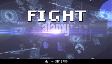 Image of fight text over scope scanning and data processing Stock Photo