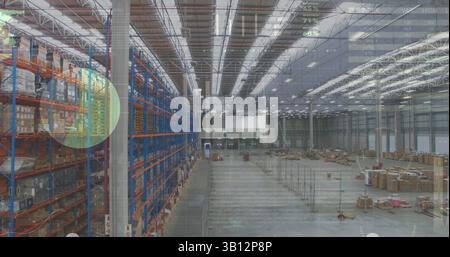 Composite image of statistical data processing against view of warehouse Stock Photo