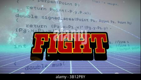 Image of fight text over data processing and metaverse Stock Photo