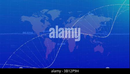 Image of dna strand spinning and numbers processing over world map Stock Photo