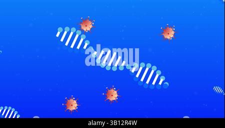Displaying central stylized DNA helix swirling in blue gradient scene, with red virus particles Stock Photo