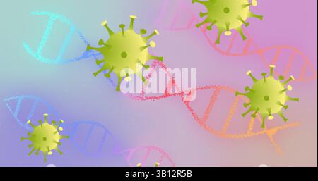 Displaying large green virus icon floating in digital abstract design, with colorful DNA helices Stock Photo
