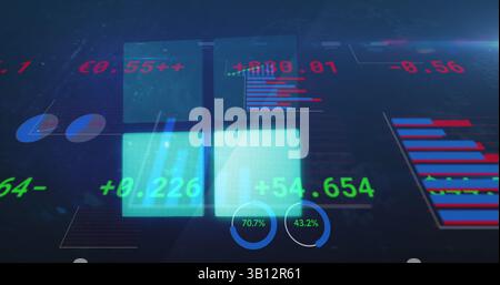 Image of financial data processing over glowing squares Stock Photo