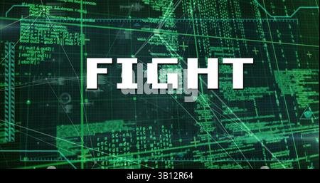 Image of fight text over data processing and network of connections Stock Photo