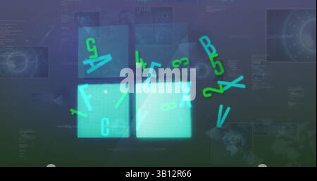Image of letters and numbers with glowing squares over data processing Stock Photo