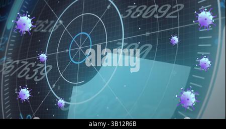 Image of covid 19 cells and scope with numbers processing Stock Photo