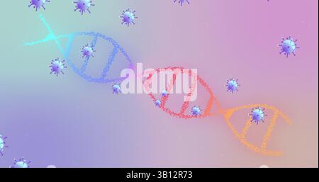 Glowing stylized DNA double helix rotating in digital abstract background, with virus-like spheres Stock Photo