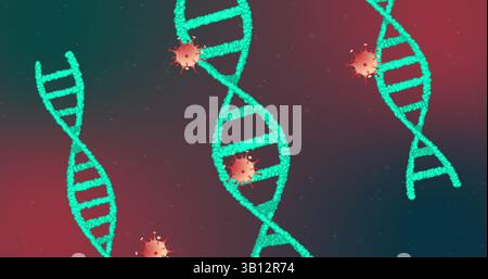 Showing turquoise DNA helix floating in digital illustration, with red spiky virus particles Stock Photo