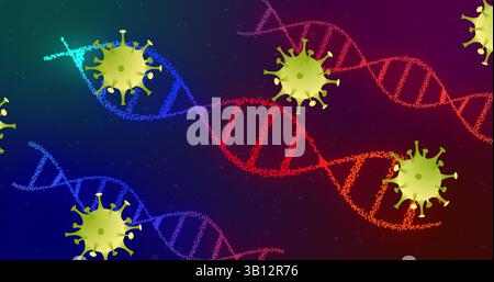 Floating green virus particles swirling in digital art, with colored DNA double-helix strands Stock Photo