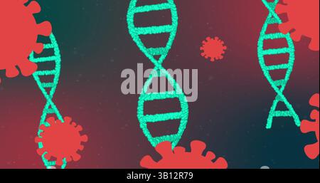 Floating central turquoise DNA helix strand spinning in abstract space, with red virus particles Stock Photo