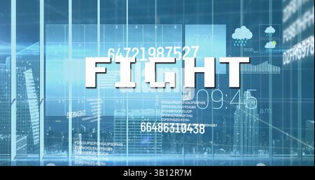 Image of fight text over data processing and cityscape Stock Photo