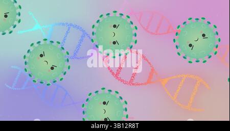Displaying green cartoon viruses floating in pastel gradient, with colorful DNA helix strands Stock Photo