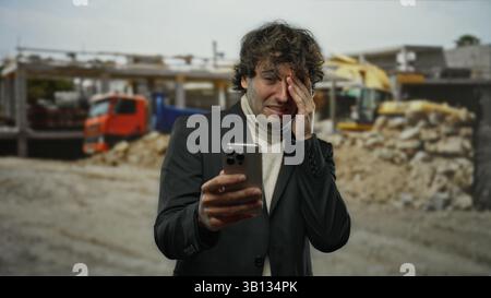 Young man in suit holding smartphone with a worried expression amidst a busy construction site in the city, surrounded by heavy machinery and trucks, Stock Photo