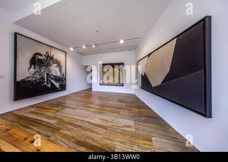 Paintings in the Museum of Spanish Abstract Art (Museo de Arte Abstracto Español), Cuenca. The white walls and light-coloured floor of the gallery form a neutral background for the vibrant works of art. The paintings, with their bold colours and shapes, are a testament to the artistic expression on display here. Calle Canónigos, Cuenca, Castilla-La Mancha, Spain Stock Photo