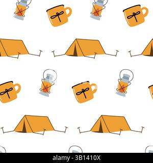 Camping seamless pattern with tent, mug and light Stock Vector