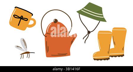 Hiking set with rubber boots, had, kettle and mug Stock Vector