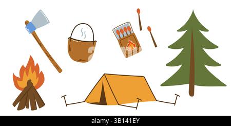 Set of campfire elements. Hiking essentials. Stock Vector