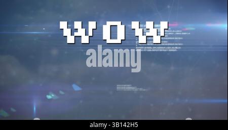 Image of wow text over data processing and sky with clouds Stock Photo