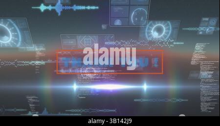 Image of thank you text over scope scanning and data processing Stock Photo