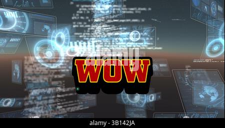 Image of wow text over scope scanning and data processing Stock Photo