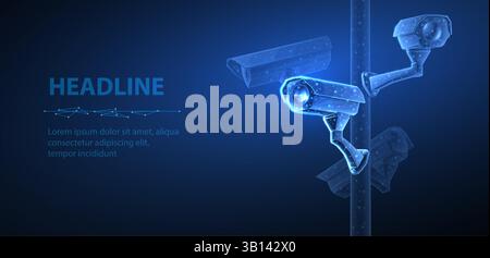 Security cameras. Vector low pole illustration. Isolated on blue. Security system Stock Vector