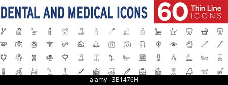 Comprehensive Set of 60 Modern Thin Line Web Icons for Dental Care, Medical Services, Healthcare, and Dentistry. Professional Vector Illustration Stock Vector