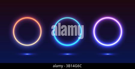 Colorful neon lights flashing in green, blue, white, pink, and violet on an abstract background. Circle ,rectangle, hexagon different shapes. Eps 10. Stock Vector