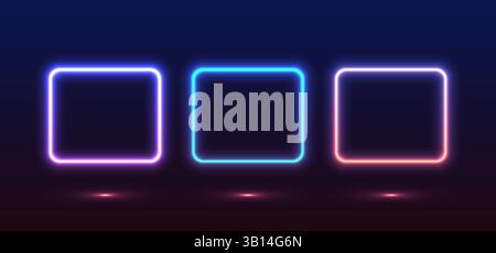 Colorful neon lights flashing in green, blue, white, pink, and violet on an abstract background. Circle ,rectangle, hexagon different shapes. Eps 10. Stock Vector