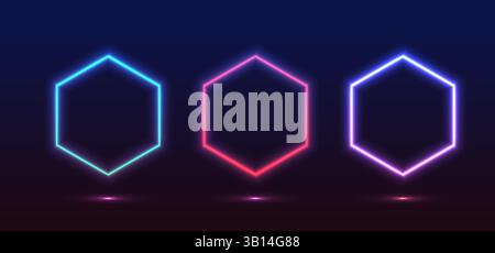 Colorful neon lights flashing in green, blue, white, pink, and violet on an abstract background. Circle ,rectangle, hexagon different shapes. Eps 10. Stock Vector