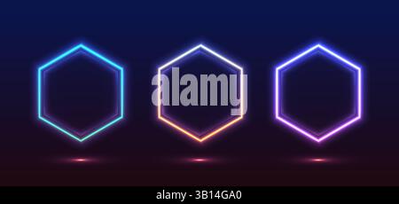 Colorful neon lights flashing in green, blue, white, pink, and violet on an abstract background. Circle ,rectangle, hexagon different shapes. Eps 10. Stock Vector