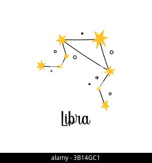 Libra Zodiac constellation. Vector isolated astrological sign, symbol, element. Constellation scheme with cute stars and doodles. Simple design of cli Stock Vector