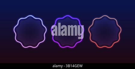 Colorful neon lights flashing in green, blue, white, pink, and violet on an abstract background. Circle ,rectangle, hexagon different shapes. Eps 10. Stock Vector