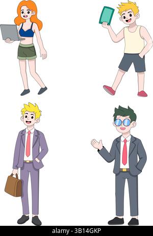 Cute cartoon style character set illustrating business people and remote workers in various situations. Includes two casual dressed characters Stock Vector