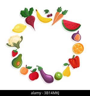 Fruit and vegetable wreath illustration, isolated on white Stock Vector