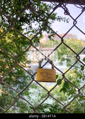 A love lock on a fence Stock Photo