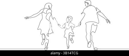 family walking together holding hands line art minimalism. happy mom dad and daughter relaxation carefree one line drawing illustration Stock Vector