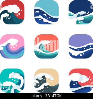 ocean wave flat icon set rectangle crop for decoration, logo, printing, element, etc Stock Vector