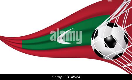 Soccer football ball in goal net with Maldives wavy flag Sports accessory equipment and waving flag illustration vector Stock Vector