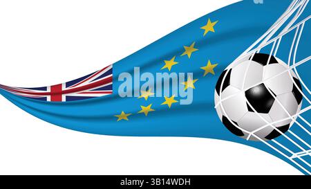 Soccer football ball in goal net with Tuvalu wavy flag, Sports accessory equipment and waving flag illustration vector Stock Vector