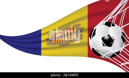 Soccer football ball in goal net with Andorra wavy flag Sports accessory equipment and waving flag illustration vector Stock Vector