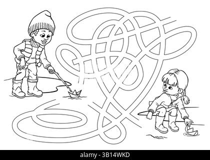 Children launch paper boats in a puddle. Black and white spring maze. Season preschool printable activity. Outdoor games labyrinth or coloring page Stock Vector