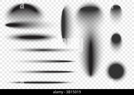 Circle shadows with blurred effect. Realistic oval black transparent drop shapes. Circular gradient shades on floor surface. Dark soft edge ellipses Stock Vector