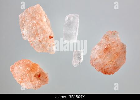pink himalaya salt macro isolated on grey background, top view Stock Photo