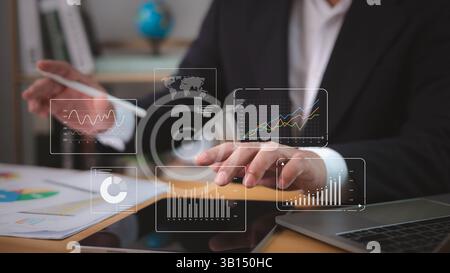 Businessman analytics with key performance indicators, Analyzing company network, Working Data analytics and data management systems and connected to Stock Photo