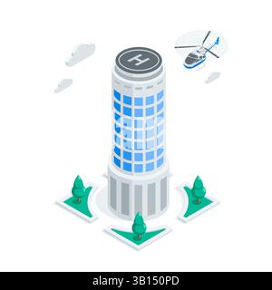 isometric vector skyscraper and flying helicopter, in color on white background, city buildings Stock Vector