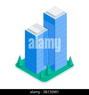 isometric vector skyscraper and trees, in color on white background, city buildings Stock Vector